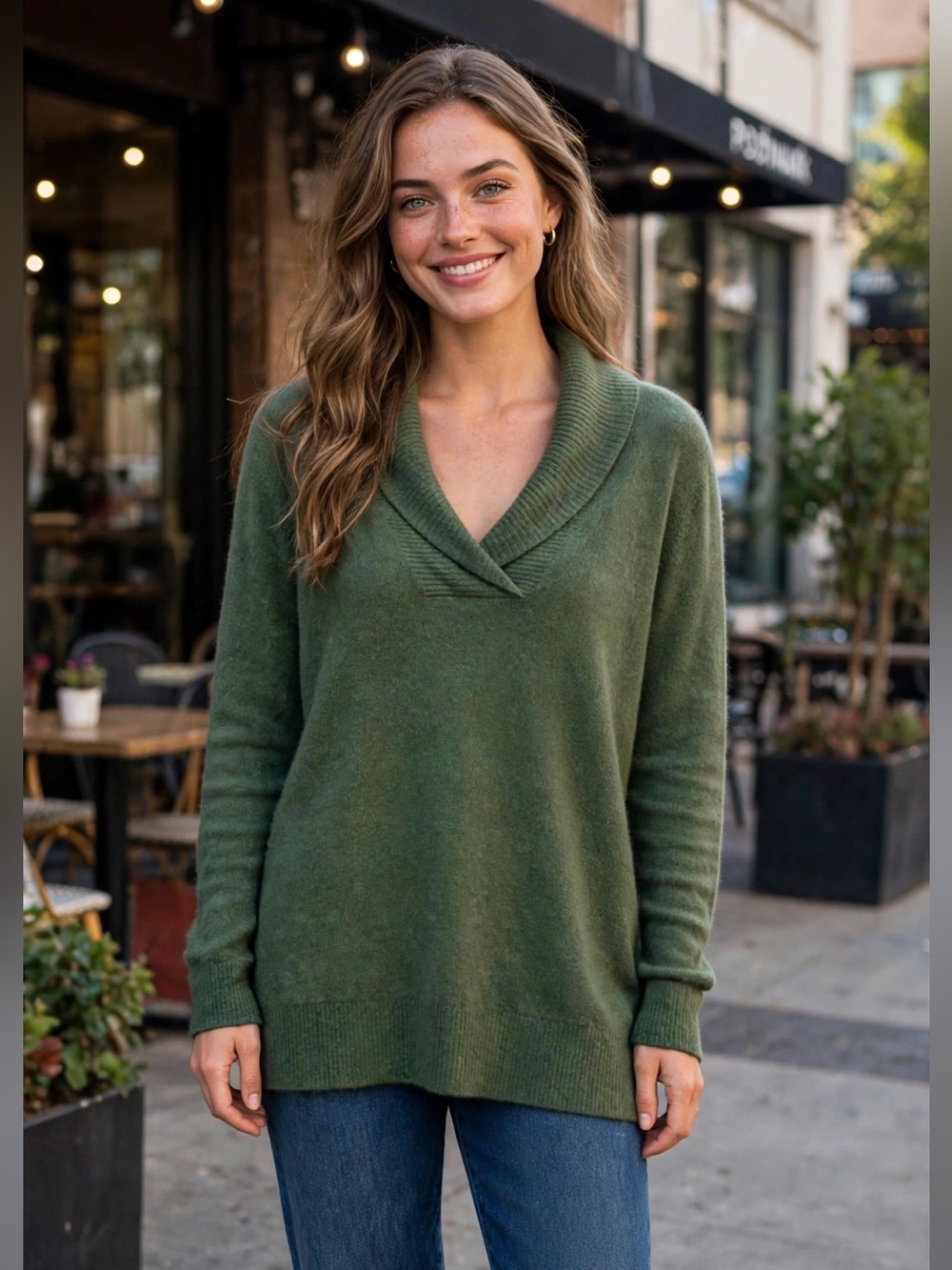 100% Cashmere Old Navy Olive Green V-Neck Shawl Collar Sweater